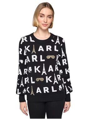 NWOT Karl Lagerfeld Black and White Logo Knit Sweater with Gold Accents